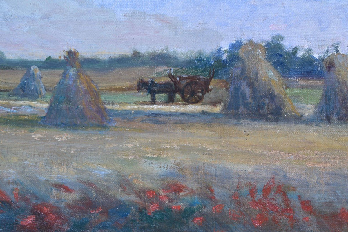 Paul Biernet "landscape With Haystacks" Oil On Canvas 35x63-photo-2